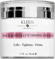 Kleem Organics Neck Firming Cream bottle closeup—retinol moisturizer for neck and décolleté.