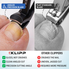 KLIPP Toenail Clippers angled blades reach corners for precise cuts.