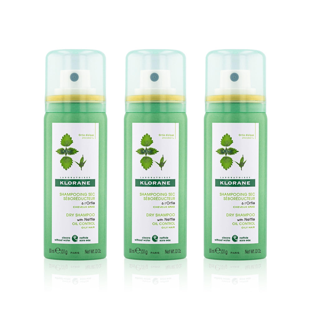 Klorane Nettle Dry Shampoo travel-size bundle front view for on-the-go refresh.