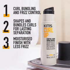 KMS Curlup Control Crème on hair shows defined, frizz-free curls.
