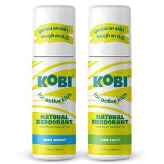 Kobi desodorante para niños activos, rodillo en acción, aplicación limpia y clara.