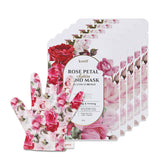 Koelf PETITFEE mascarilla manos satinadas pétalos de rosa, hidratación profunda para manos secas.