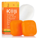 Koji White jabón Papaya con enzimas, enfoque papaya, favorece tono uniforme y piel radiante.
