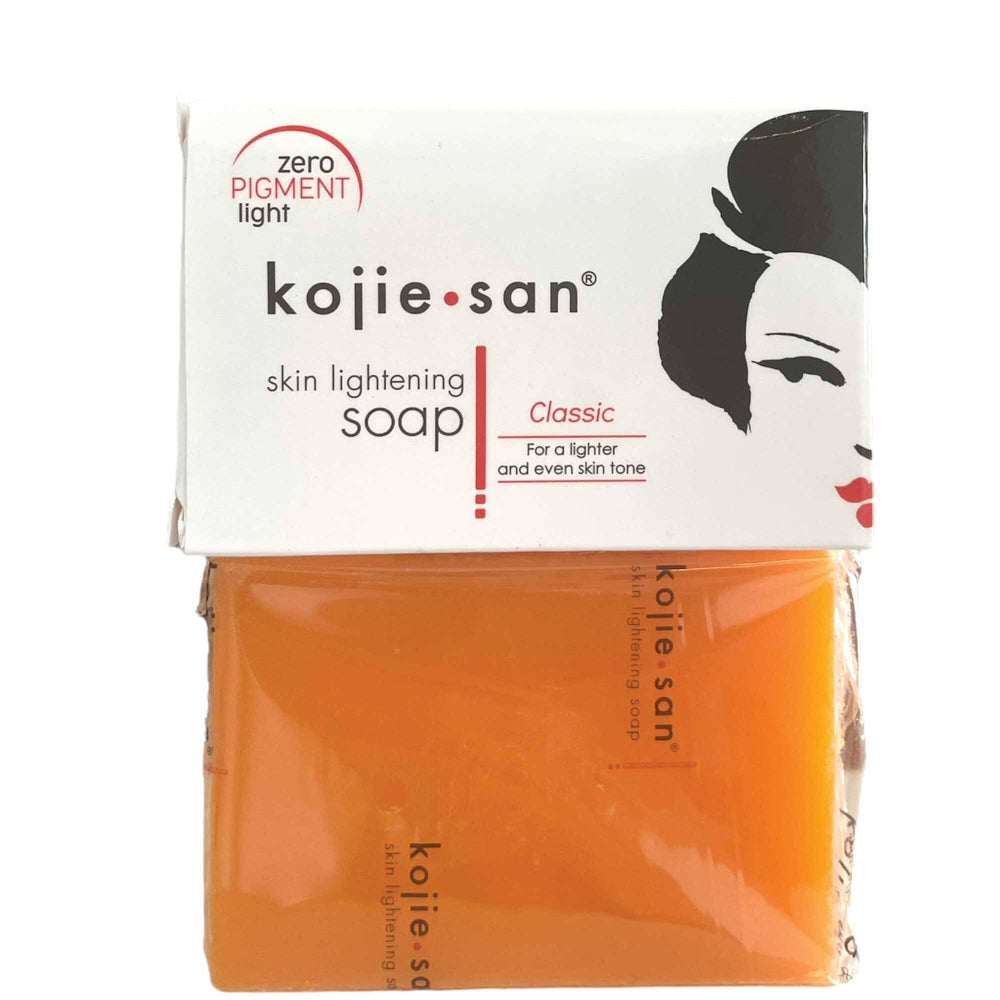 Kojie San original kojic acid soap bar 65g packaged for face and body, promoting even-toned skin.
