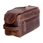 KomalC premium buffalo leather toiletry bag main compartment holds essentials during travel.