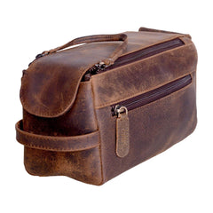 KomalC premium buffalo leather toiletry bag main compartment holds essentials during travel.