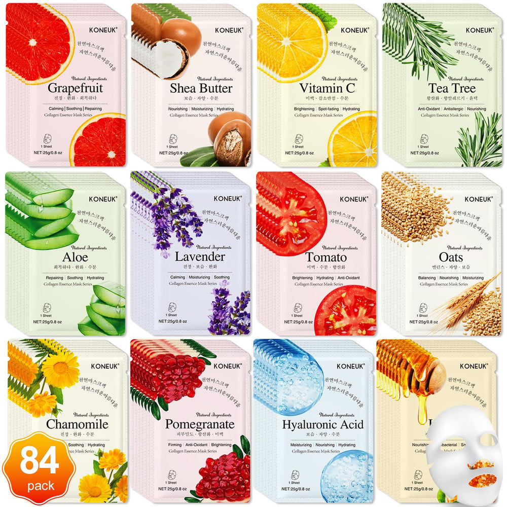 KONEUK 84-pack display box of collagen face masks showcases variety for daily hydration and care