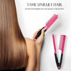 Kootinn V-shaped comb for efficient hair prep before straightening.