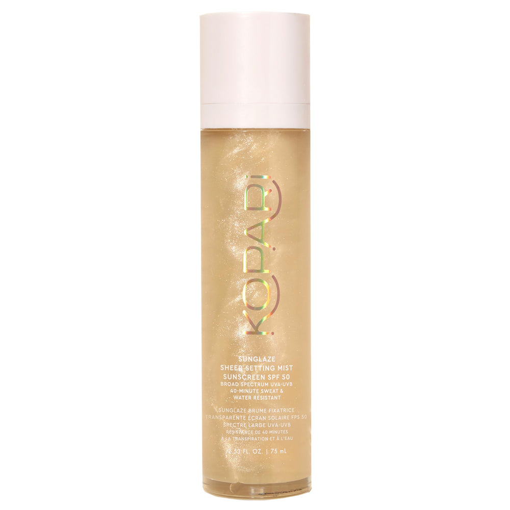 Kopari Sunglaze setting mist packaging close-up for SPF 50 protection and daily use.