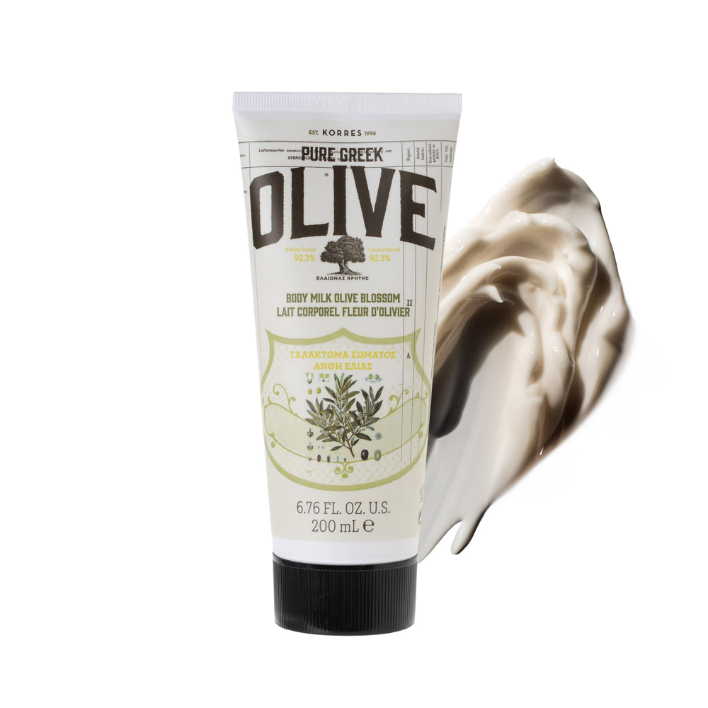 KORRES Olive Body Lotion bottle shows quick absorption for hydrated skin