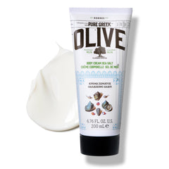 KORRES Olive Body Lotion bottle close-up showing fast-absorbing hydration for dry skin.