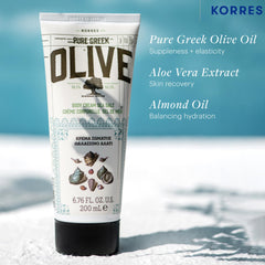 KORRES Olive Body Lotion cream-dispense demonstrates easy application and non-greasy feel.