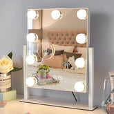 Kotdning vanity mirror with lights provides a wide view for full-face makeup.