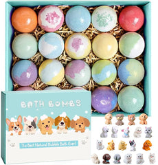 Kottke Bath Bombs 20-pack with puppy dolls inside for colorful, kid-friendly bath time fun.