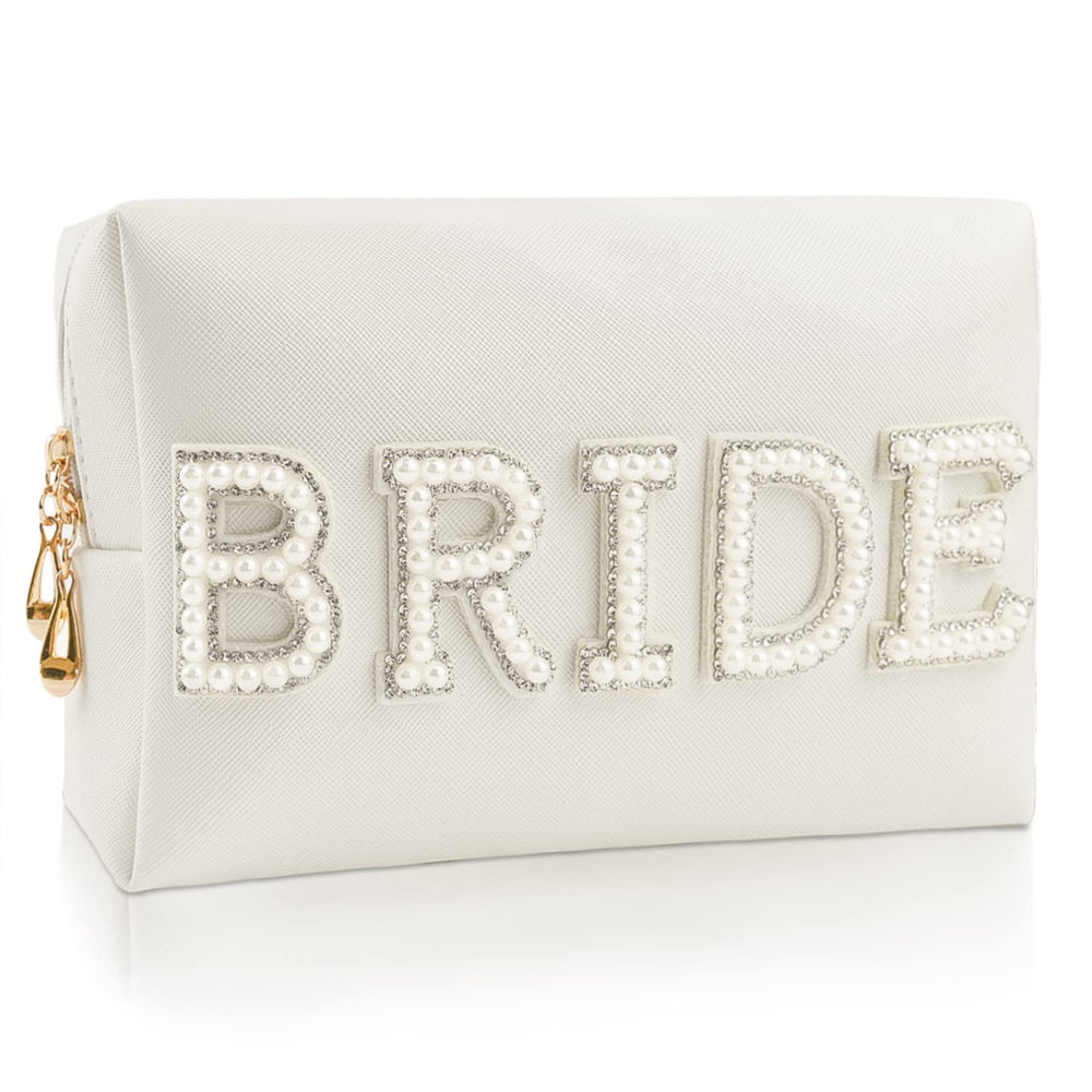 Kovewon bride patch makeup bag with pearl rhinestones for wedding-day cosmetics.