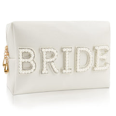 Kovewon bride patch makeup bag with pearl rhinestones for wedding-day cosmetics.