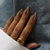 KQueenest bronze chrome press-on nails with almond shape, salon-grade shine