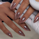 KQueenest brown almond chrome press-on nails with mirror finish for everyday glamour