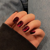 KQueenest cat eye dark red press-on nails in short square shape for bold salon-style wear