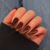KQueenest cat eye warm brown press-on nails with almond shape for chic maintenance