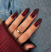 KQueenest Marron Red press-on nails in long square shape for quick, salon-grade elegance.