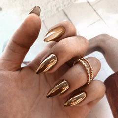 KQueenest metallic brown acrylic nails in medium stiletto for bold daily glam