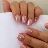 KQueenest nude chrome press-on nails in square shape for a salon-style wedding look