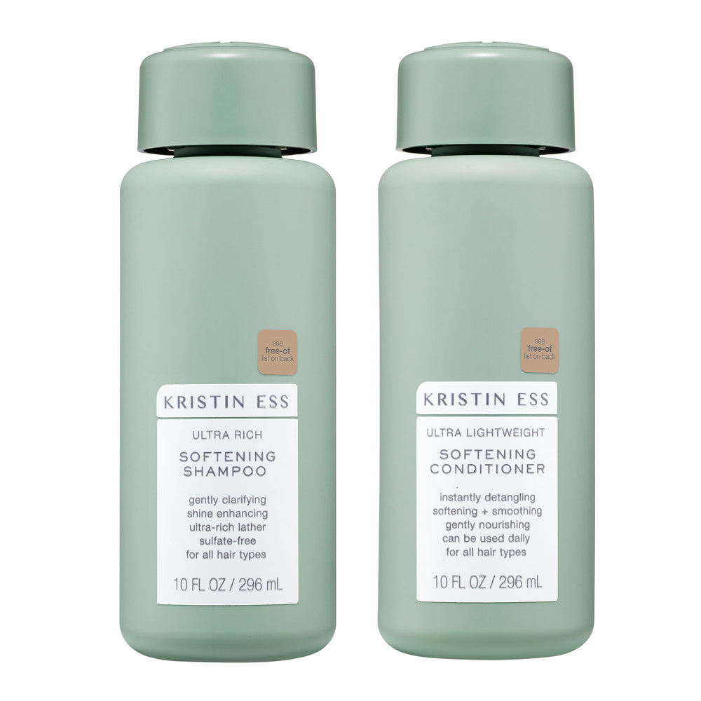 Kristin Ess champú suavizante en botella clara, brillo suave para cabello seco.
