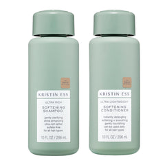 Kristin Ess champú suavizante en botella clara, brillo suave para cabello seco.