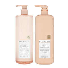 Kristin Ess Clarifying Shampoo bottle demonstrates a deep-clean formula for buildup removal.