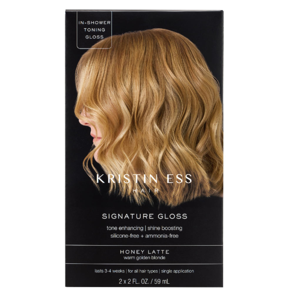 Kristin Ess Hair Gloss Honey Latte bottle being poured for even color deposit