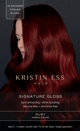 Kristin Ess Hair Gloss Ruby bottle shows vibrant red tones for color refresh