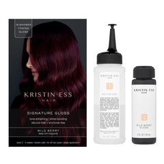 Kristin Ess Hair Gloss Wild Berry Red jar showcases creamy formula for even burgundy color.