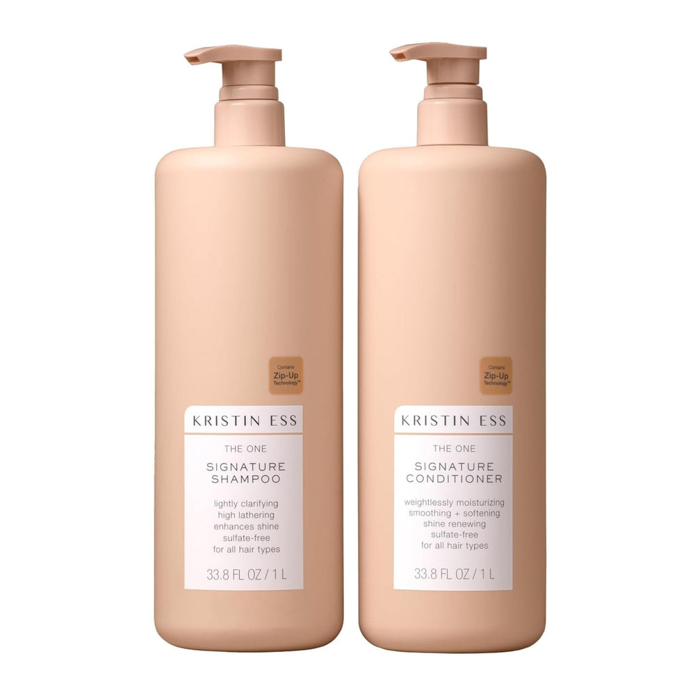 Kristin Ess One Signature Shampoo bottle with pump, offering daily cleansing and hydration.