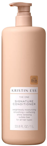 Kristin Ess The One Signature Conditioner bottle closeup for smooth, hydrated hair.