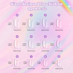 Krofaue Kids Fake Nails collection showing 10 sizes for precise fit.