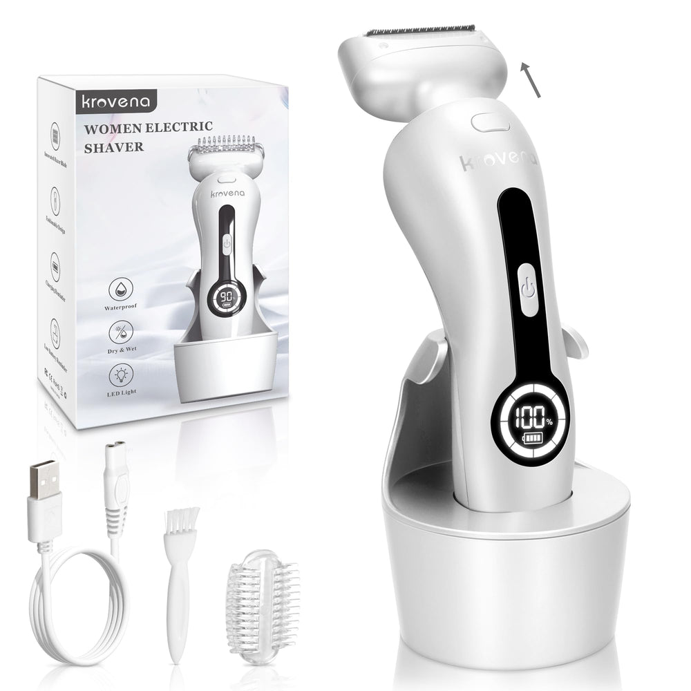 Krovena electric razor showing detachable head in a clean hand position for easy cleaning.
