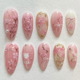 KRTBKR pink flower press-on nails in almond shape for quick at home manicure