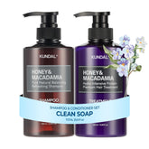 KUNDAL Korean shampoo-conditioner set with clean soap bottle for daily care.