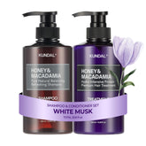 KUNDAL White Musk shampoo bottle highlighting long-lasting scent and gentle cleansing.