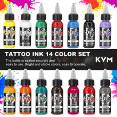 KVM Tattoo Ink Set 14 colors smooth flow enables precise detailing