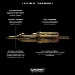Kwadron plastic housing cartridge reduces friction for smoother tattooing sessions.