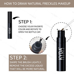 KYDA freckle application on the cheek demonstrates soft dot technique for realistic freckles.