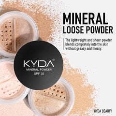 KYDA Mineral Powder Foundation SPF 35 label emphasizes mineral protection for daytime makeup.