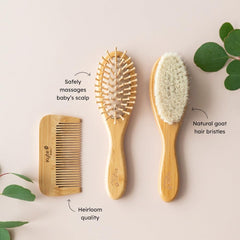 Kyte BABY wooden bristle brush closeup for safe scalp grooming.