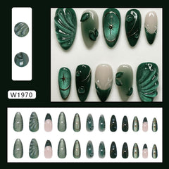 KZBTRBT uñas almendra medianas verdes con hojas, diseno elegante para cualquier ocasion
