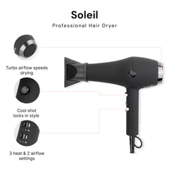 Soleil dryer controls highlight adjustable heat and airflow options.