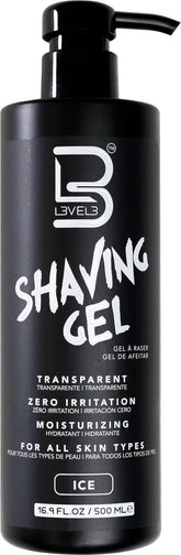 L3 Shaving Gel Ice bottle visual highlights the clear formula for precise shaving.