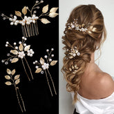 La Jolie Jasmin peine dorado con hojas, ideal para peinado de novia elegante