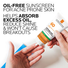 La Roche-Posay Anthelios Clear Skin sunscreen texture shows matte dry-touch finish.